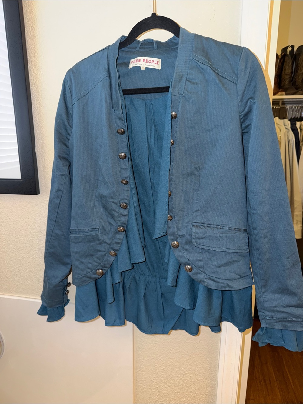 Free People Teal Ruffle Military-Inspired Jacket